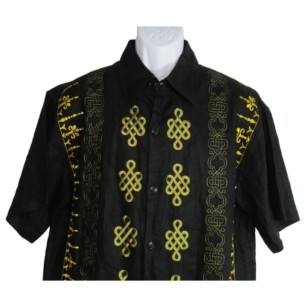 Royal Prestige Linen Button Up Black/Gold Embroidery Camp Shirt Men's Large
